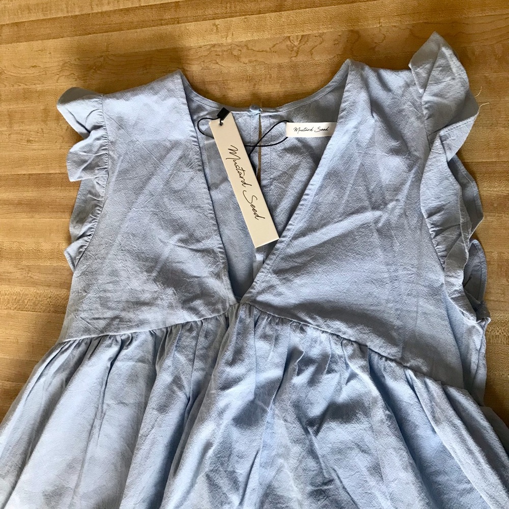 Babydoll Ruffle Sleeve Cotton Shift Dress MUSTARD SEED V-neck Keyhole Back Blue